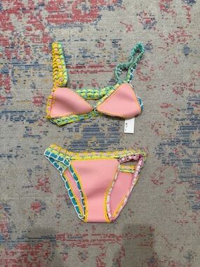 Pink Crochet-Edge Triangle Bikini Set with Multicolor Trim